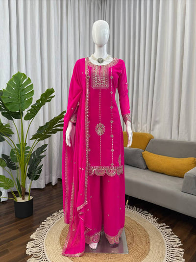 Embroidered Kurti Sharara Set with Dupatta – Red & Rani Pink