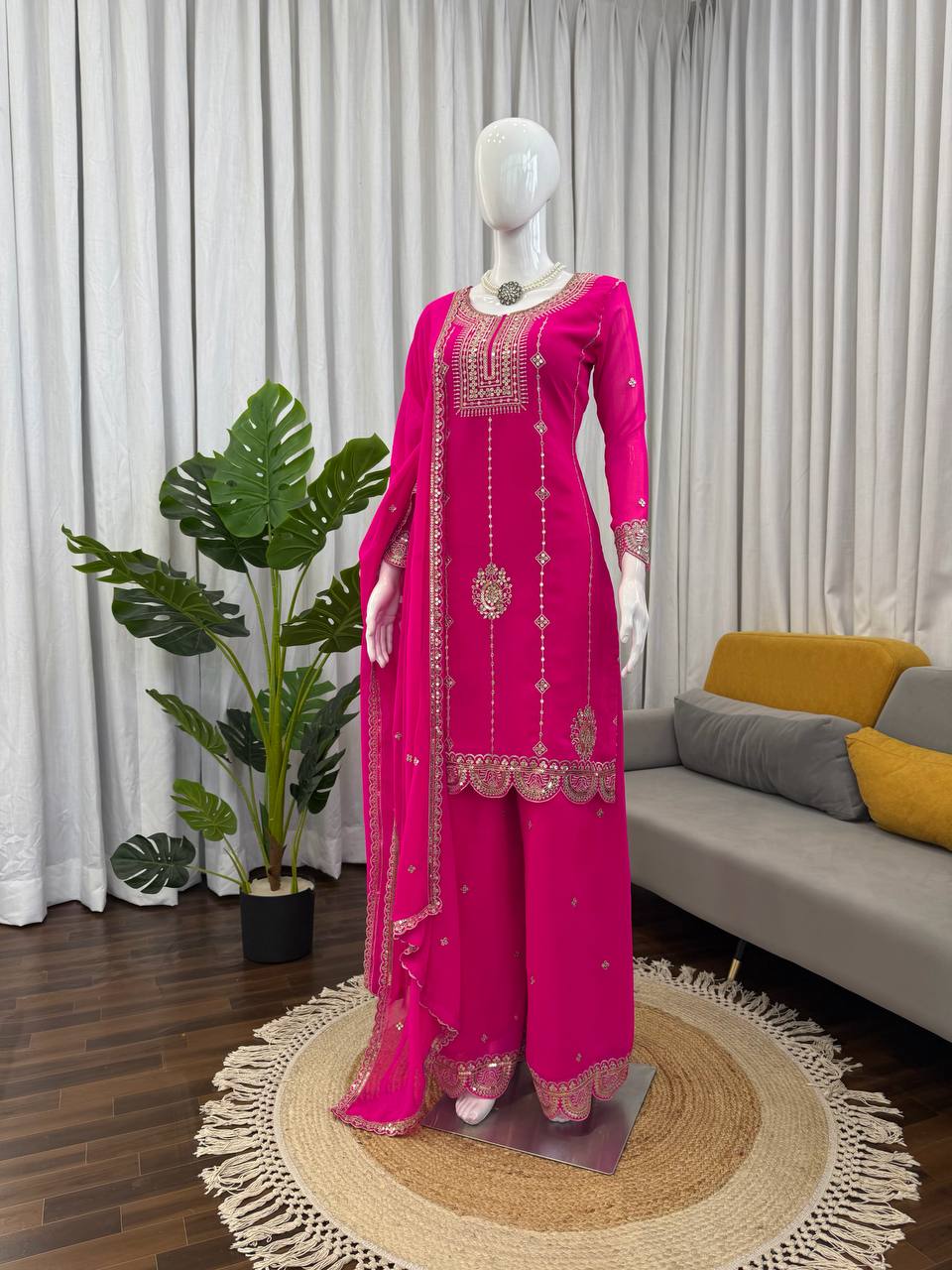 Embroidered Kurti Sharara Set with Dupatta – Red & Rani Pink