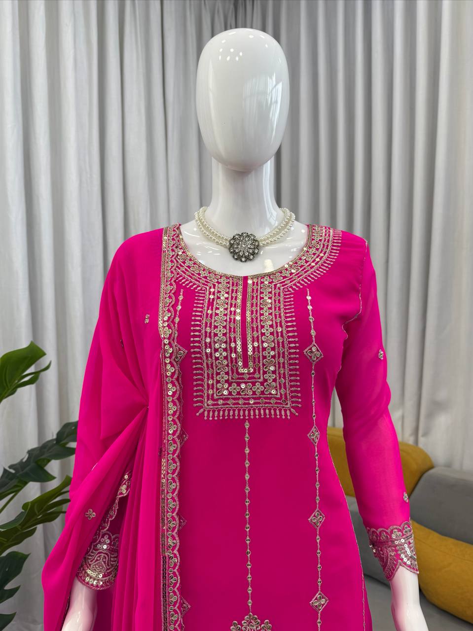 Embroidered Kurti Sharara Set with Dupatta – Red & Rani Pink