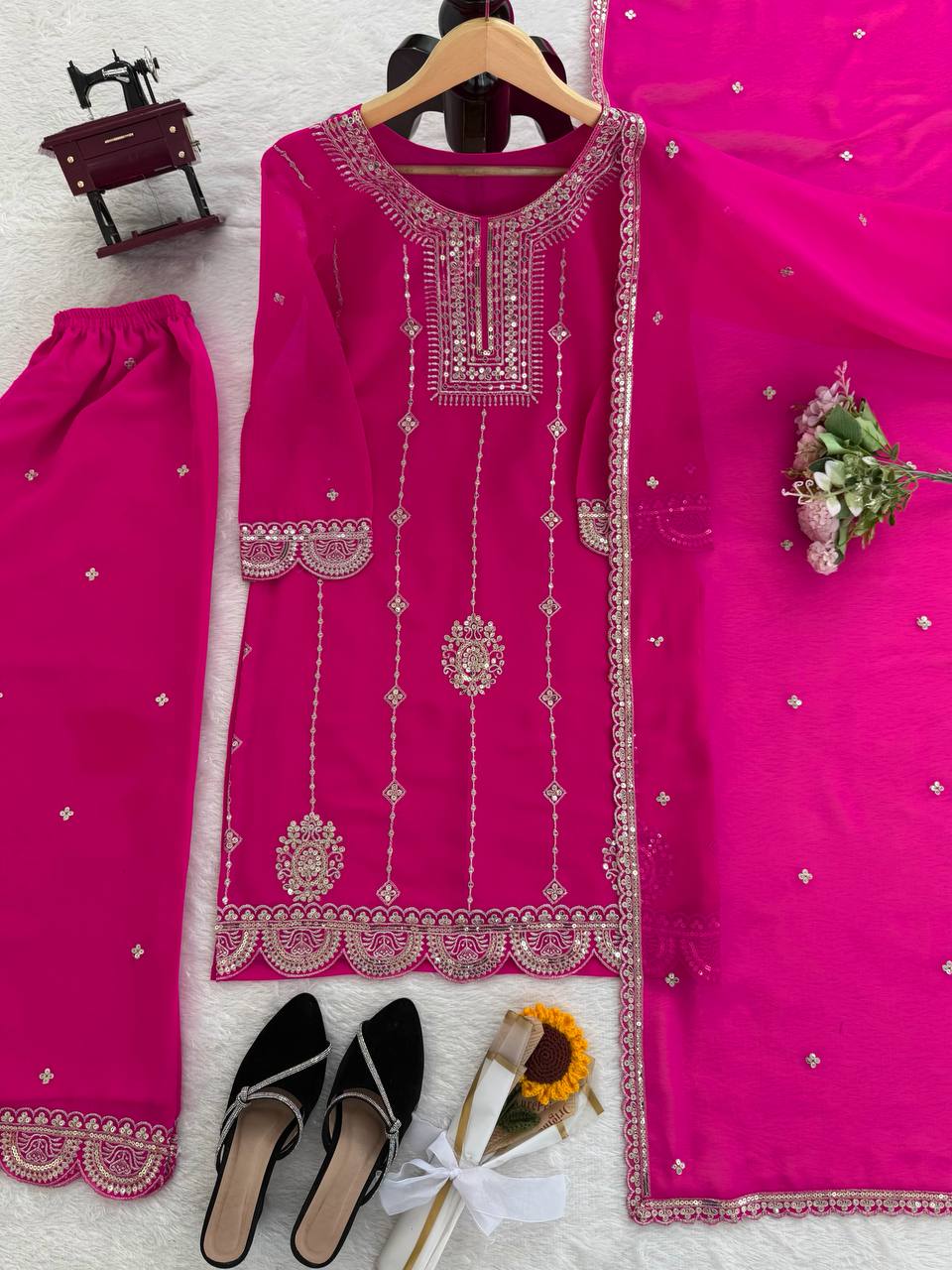 Embroidered Kurti Sharara Set with Dupatta – Red & Rani Pink