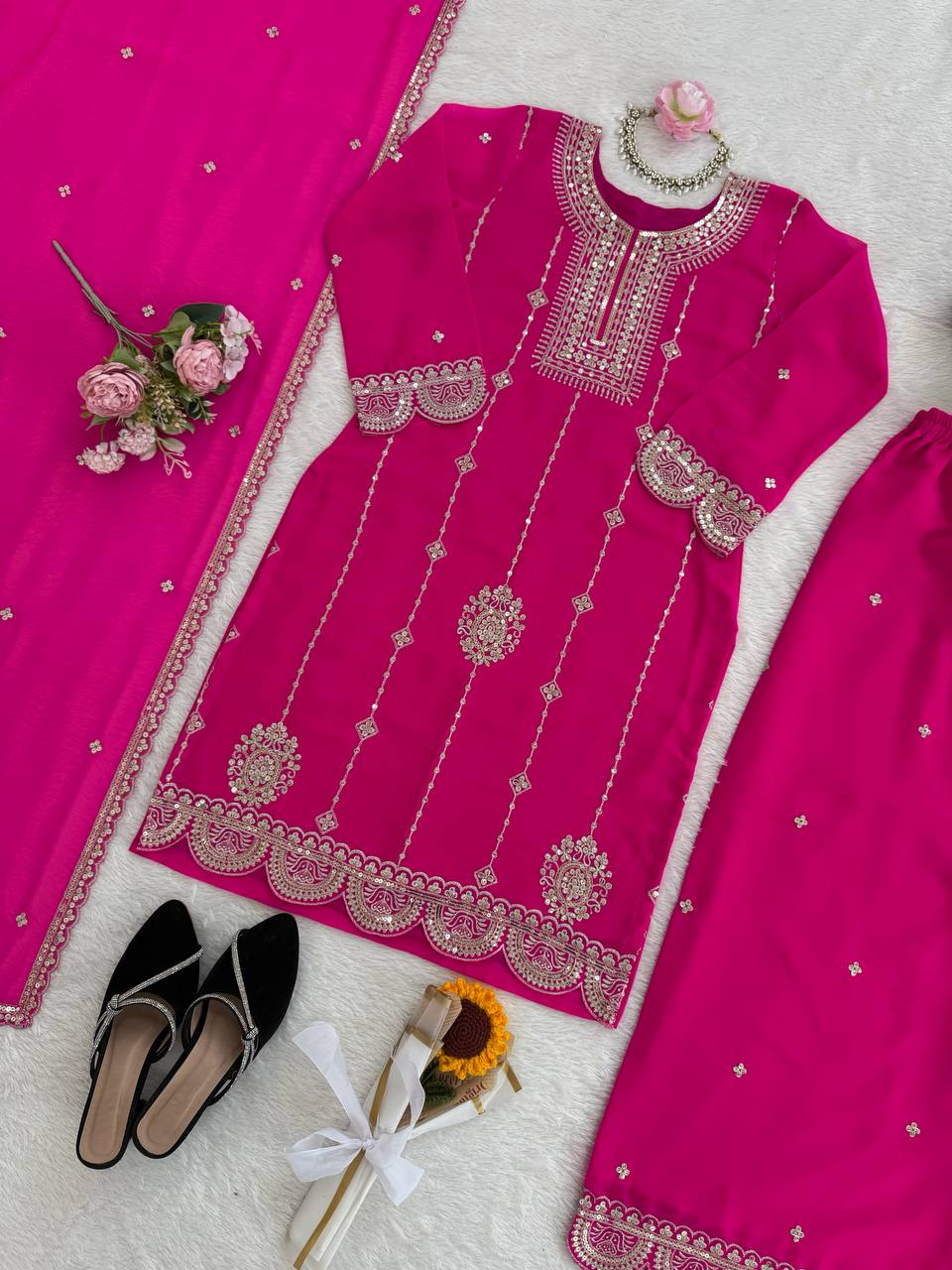 Embroidered Kurti Sharara Set with Dupatta – Red & Rani Pink