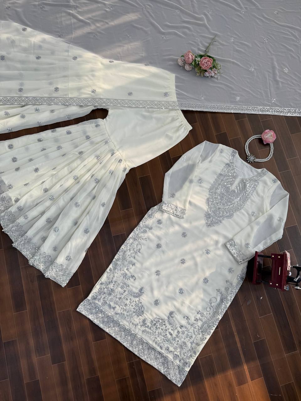 Ivory & Emerald Green Embroidered Sharara Suit Set with Dupatta (2 Colors)