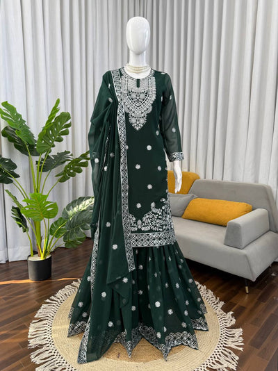 Ivory & Emerald Green Embroidered Sharara Suit Set with Dupatta (2 Colors)