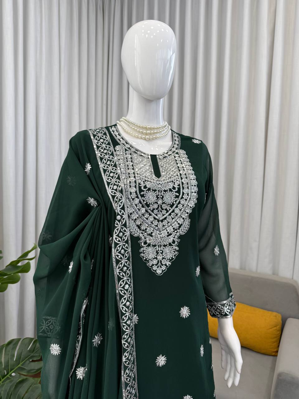 Ivory & Emerald Green Embroidered Sharara Suit Set with Dupatta (2 Colors)