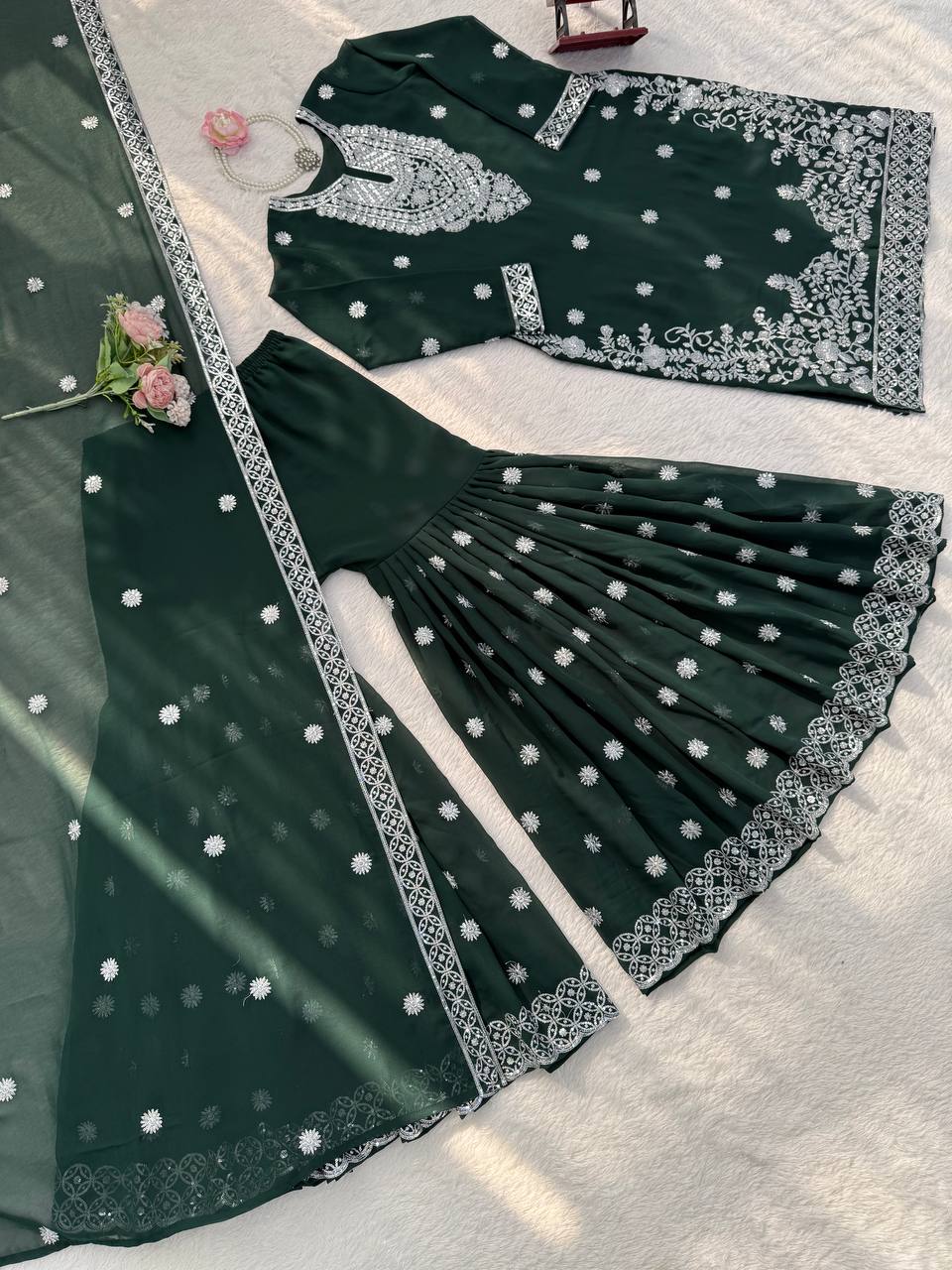 Ivory & Emerald Green Embroidered Sharara Suit Set with Dupatta (2 Colors)
