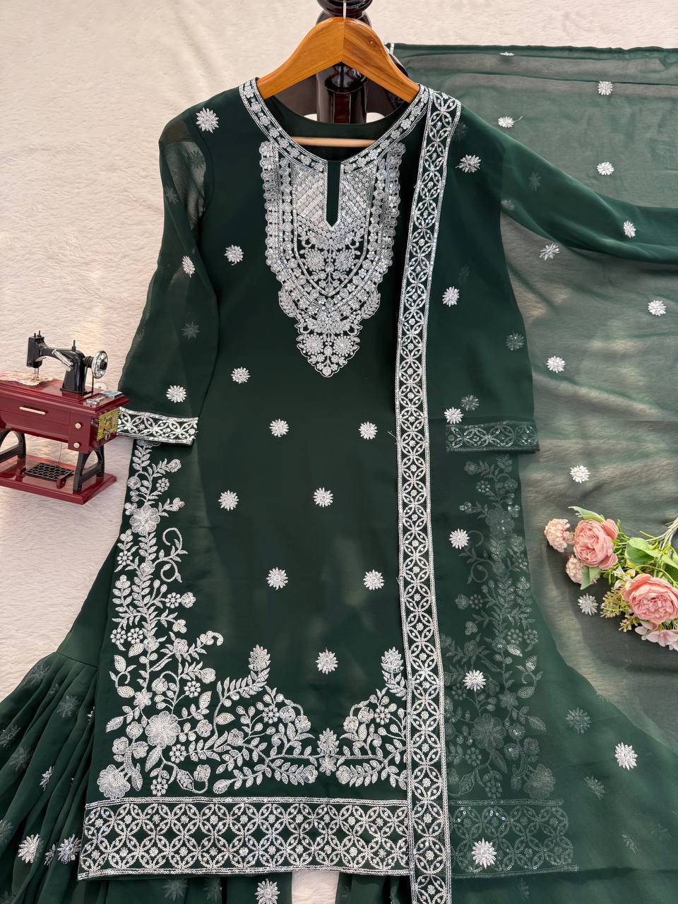 Ivory & Emerald Green Embroidered Sharara Suit Set with Dupatta (2 Colors)