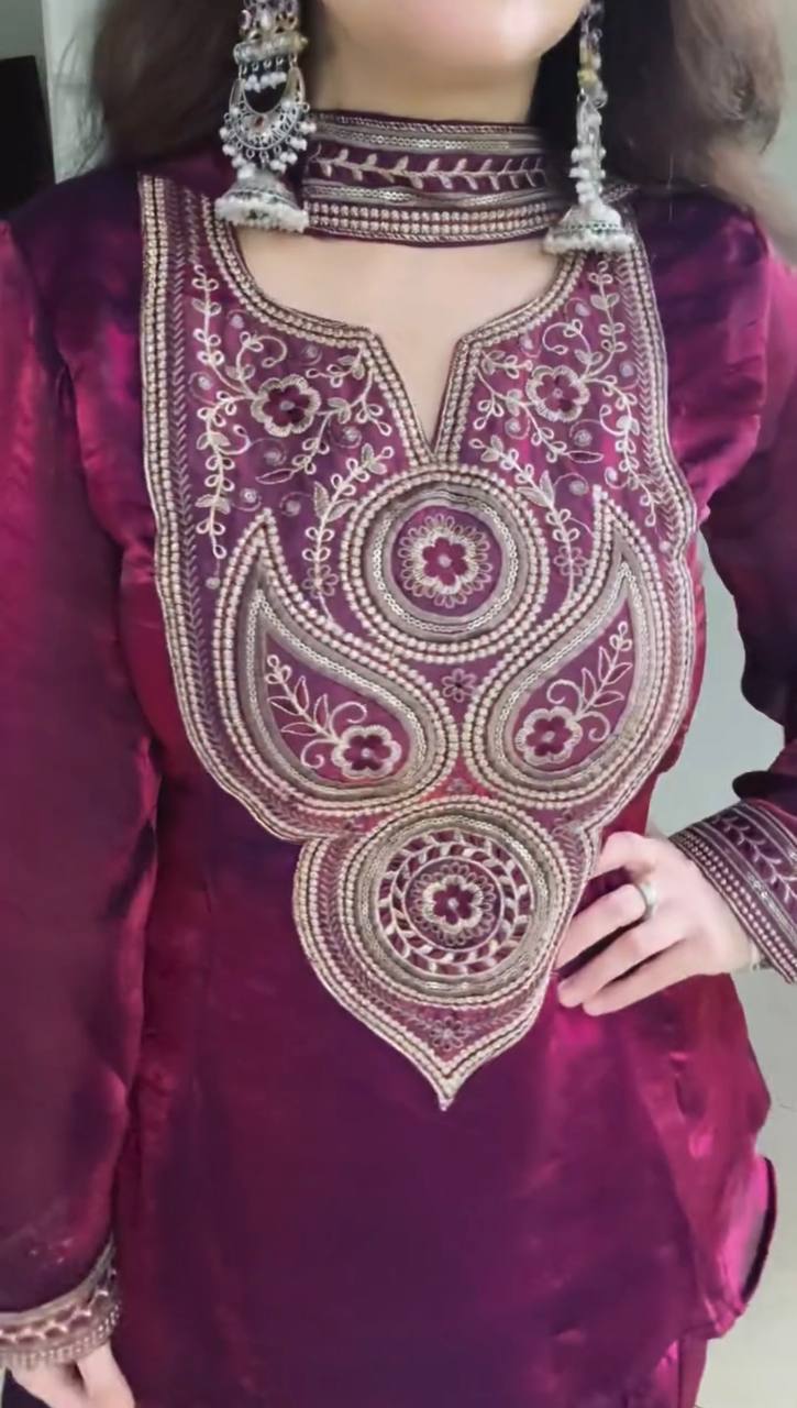 Wine Purple Embroidered Kurta Pant Dupatta Set – Festive Wear