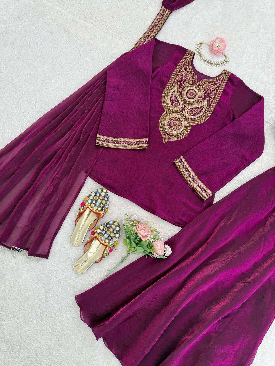 Wine Purple Embroidered Kurta Pant Dupatta Set – Festive Wear