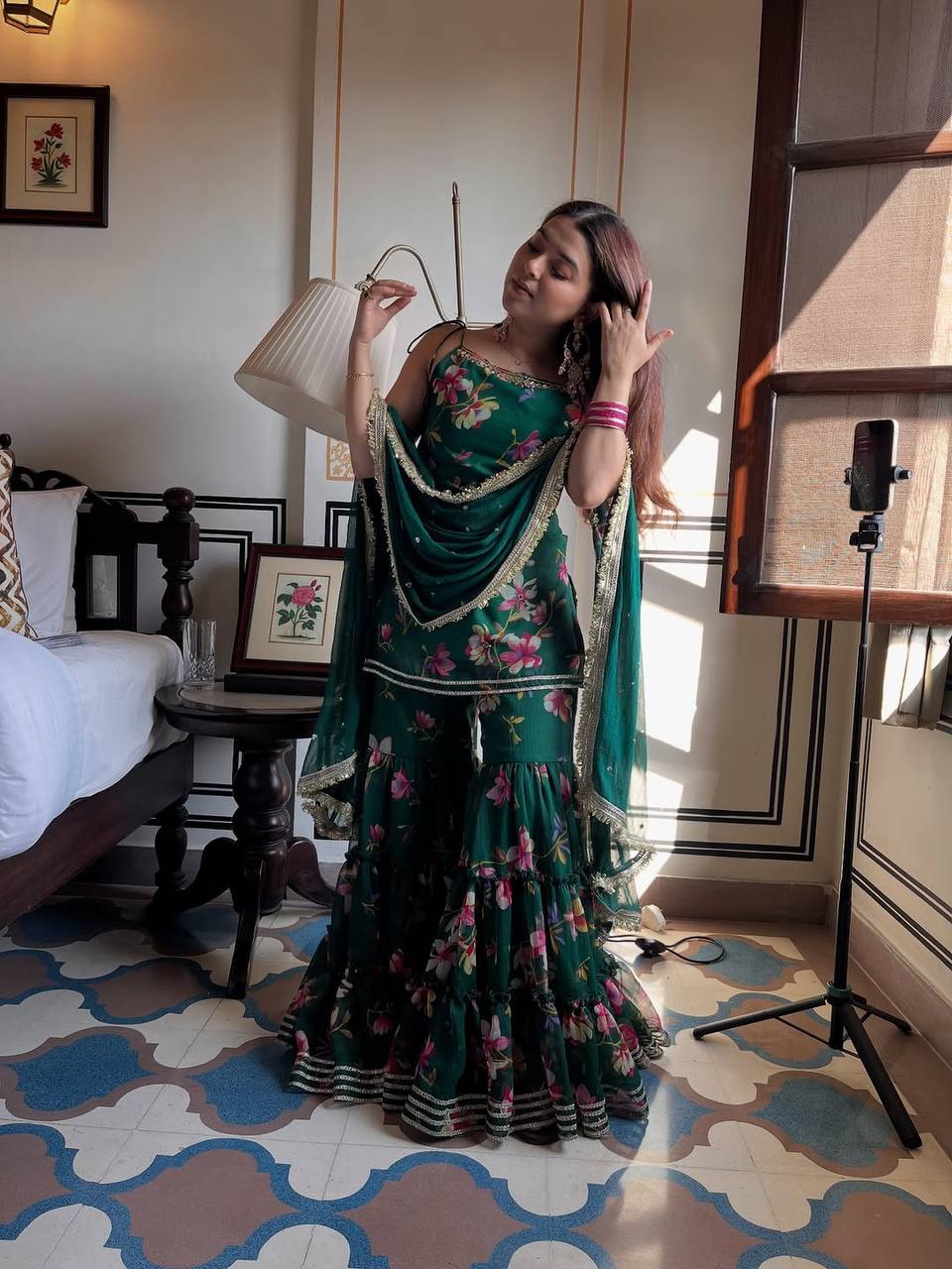 Bottle Green Floral Printed Sharara Set with Dupatta – Festive & Party Wear