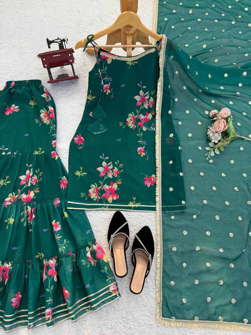 Bottle Green Floral Printed Sharara Set with Dupatta – Festive & Party Wear