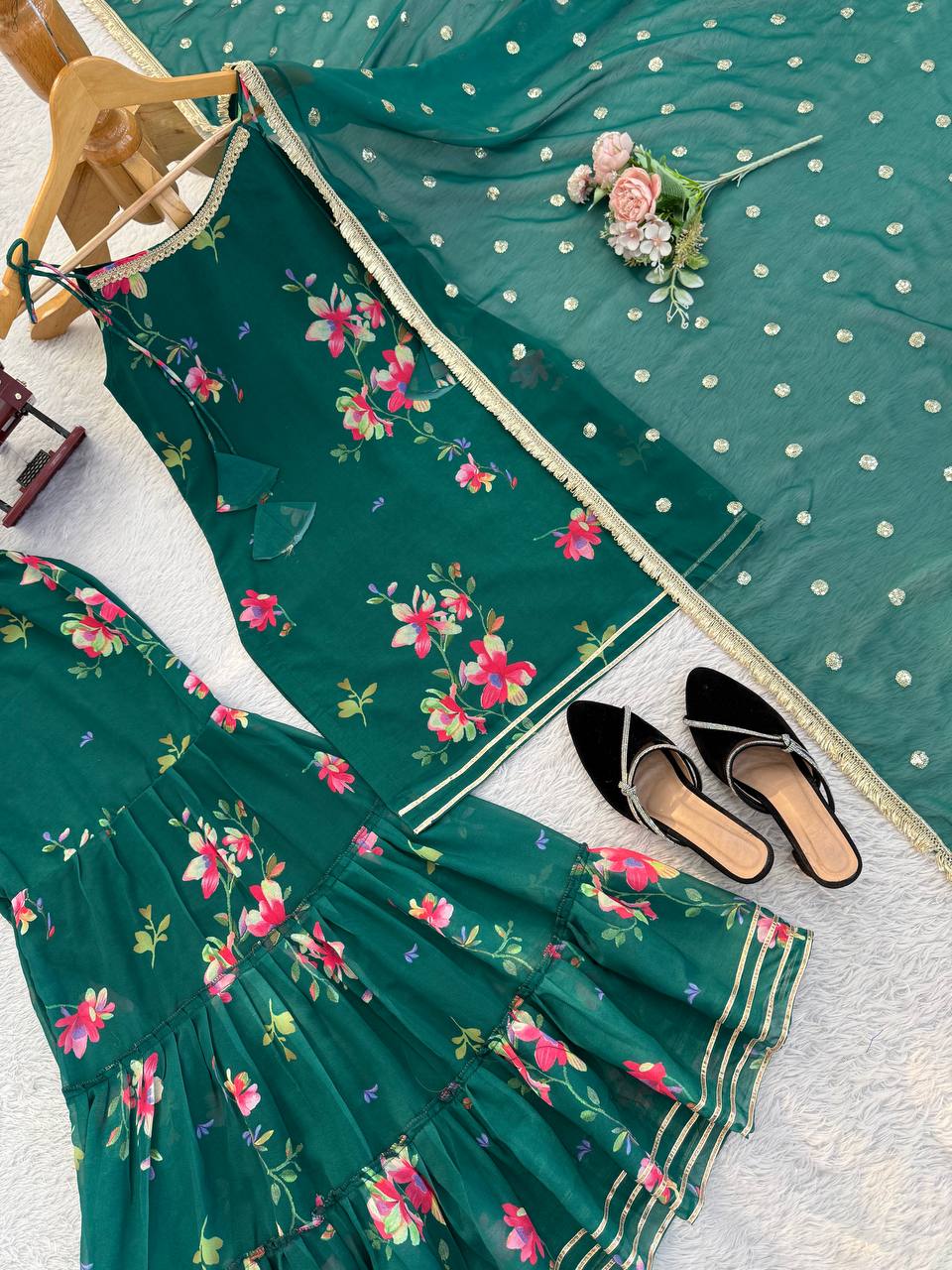 Bottle Green Floral Printed Sharara Set with Dupatta – Festive & Party Wear