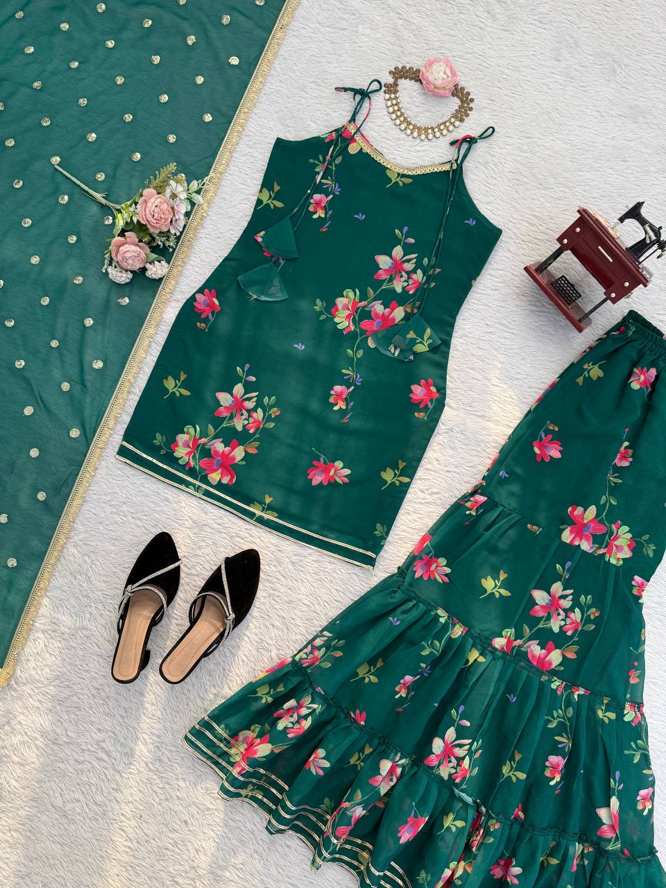 Bottle Green Floral Printed Sharara Set with Dupatta – Festive & Party Wear