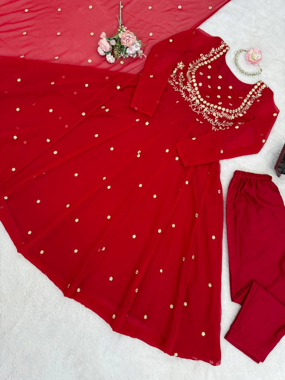 Classic Red Embroidered Anarkali Suit Set with Dupatta