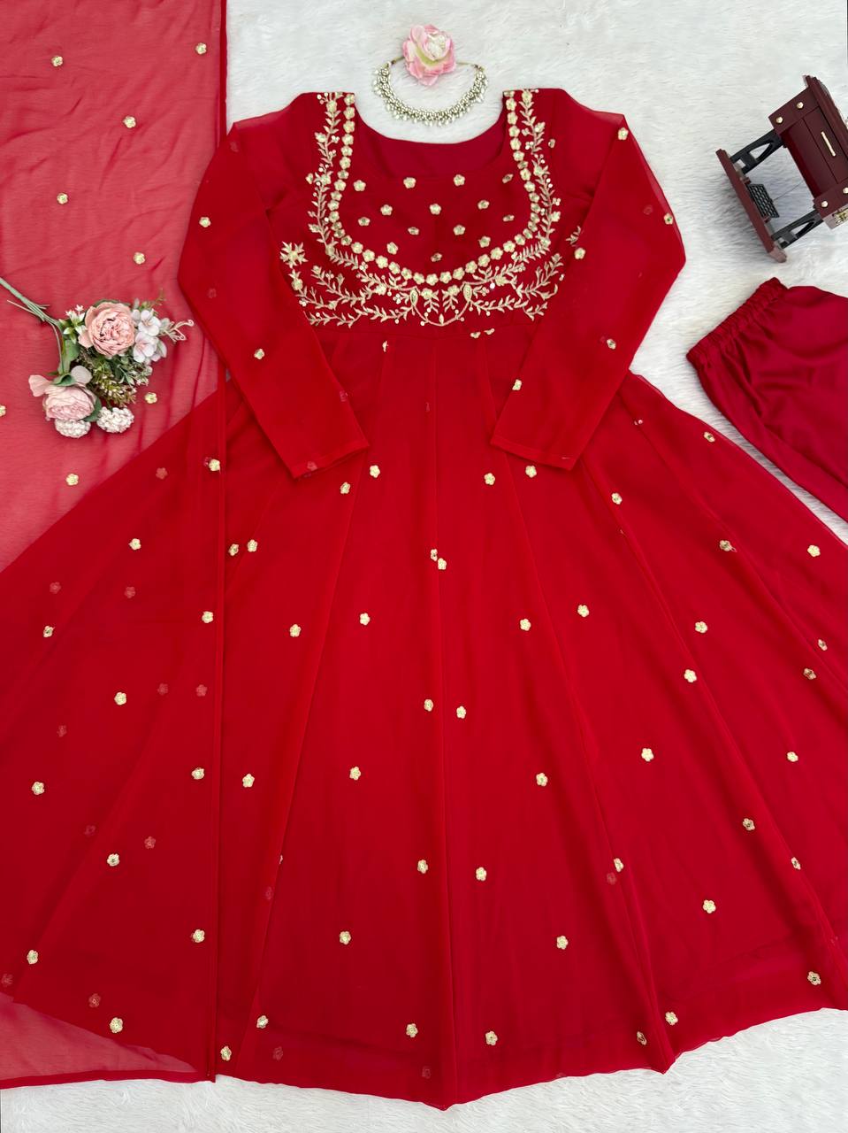 Classic Red Embroidered Anarkali Suit Set with Dupatta