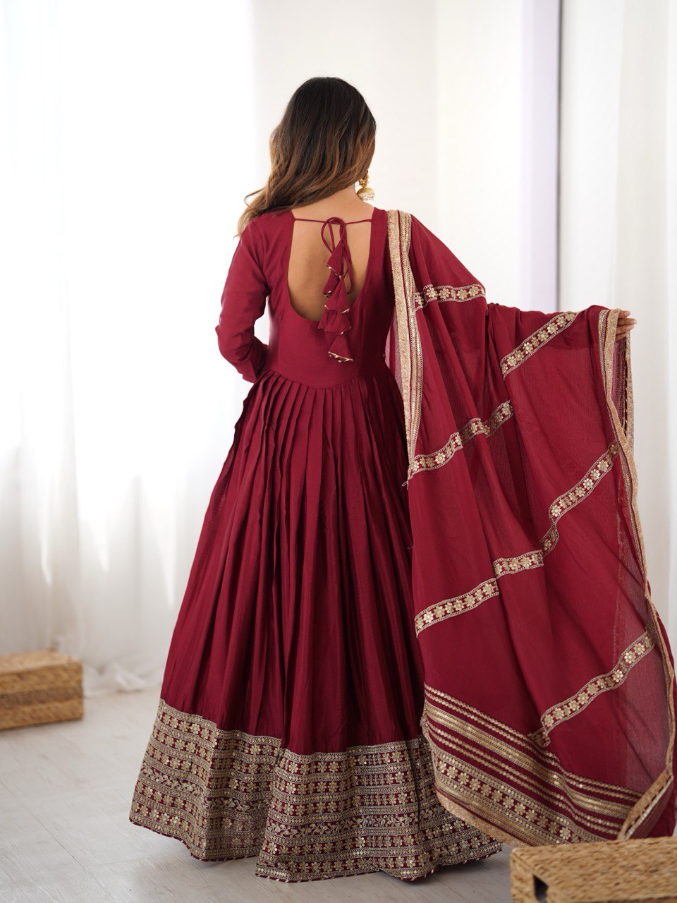 Maroon Anarkali Suit Set with Heavy Embroidered Dupatta & Matching Bottom