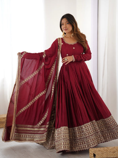 Maroon Anarkali Suit Set with Heavy Embroidered Dupatta & Matching Bottom