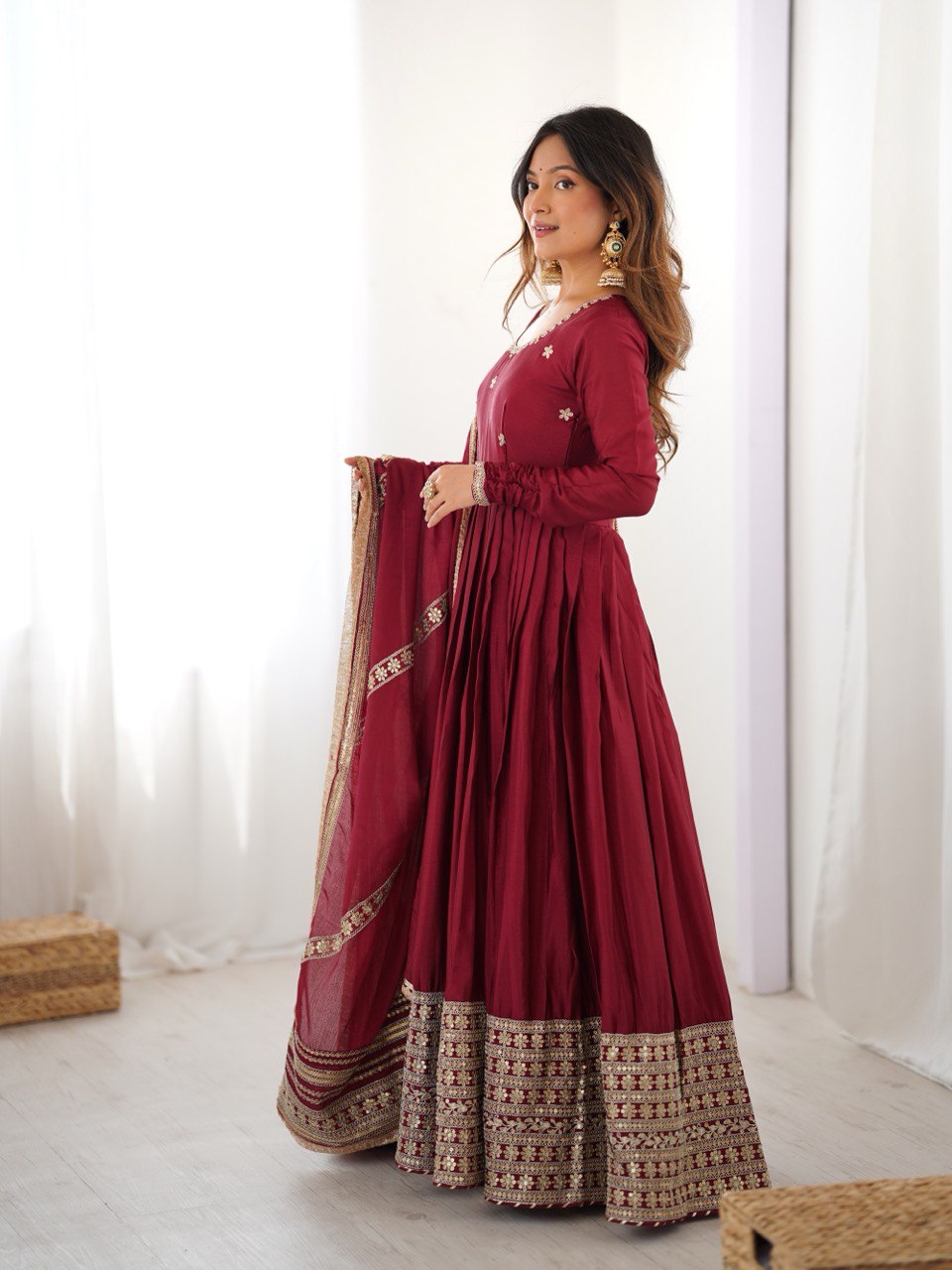 Maroon Anarkali Suit Set with Heavy Embroidered Dupatta & Matching Bottom