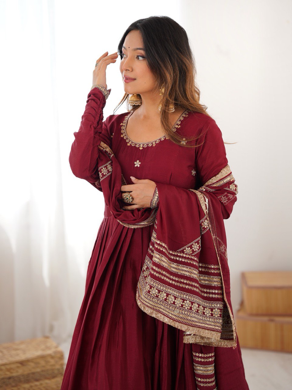 Maroon Anarkali Suit Set with Heavy Embroidered Dupatta & Matching Bottom