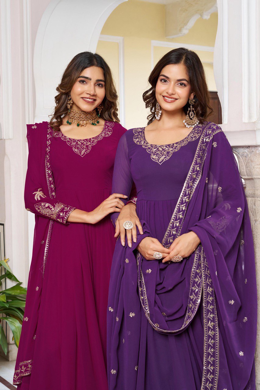 Purple & Wine Anarkali Suit Set with Embroidered Dupatta (2 Colors Available)