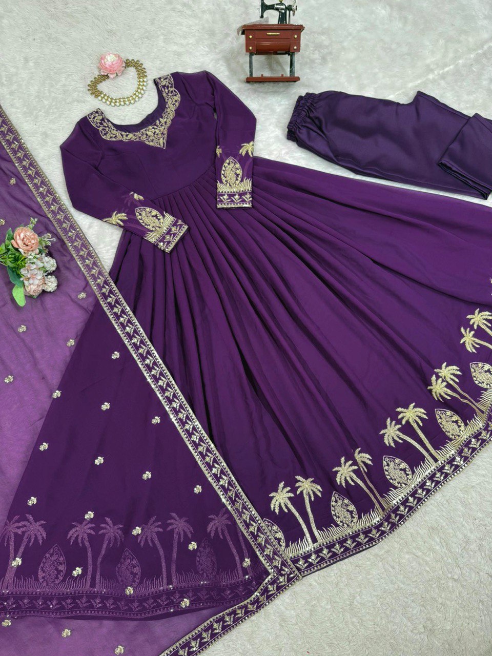 Purple & Wine Anarkali Suit Set with Embroidered Dupatta (2 Colors Available)