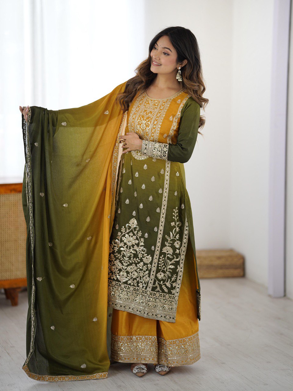 Embroidered Straight Kurta Suit Set with Dupatta – Olive Yellow & Teal Blue (2 Colors)