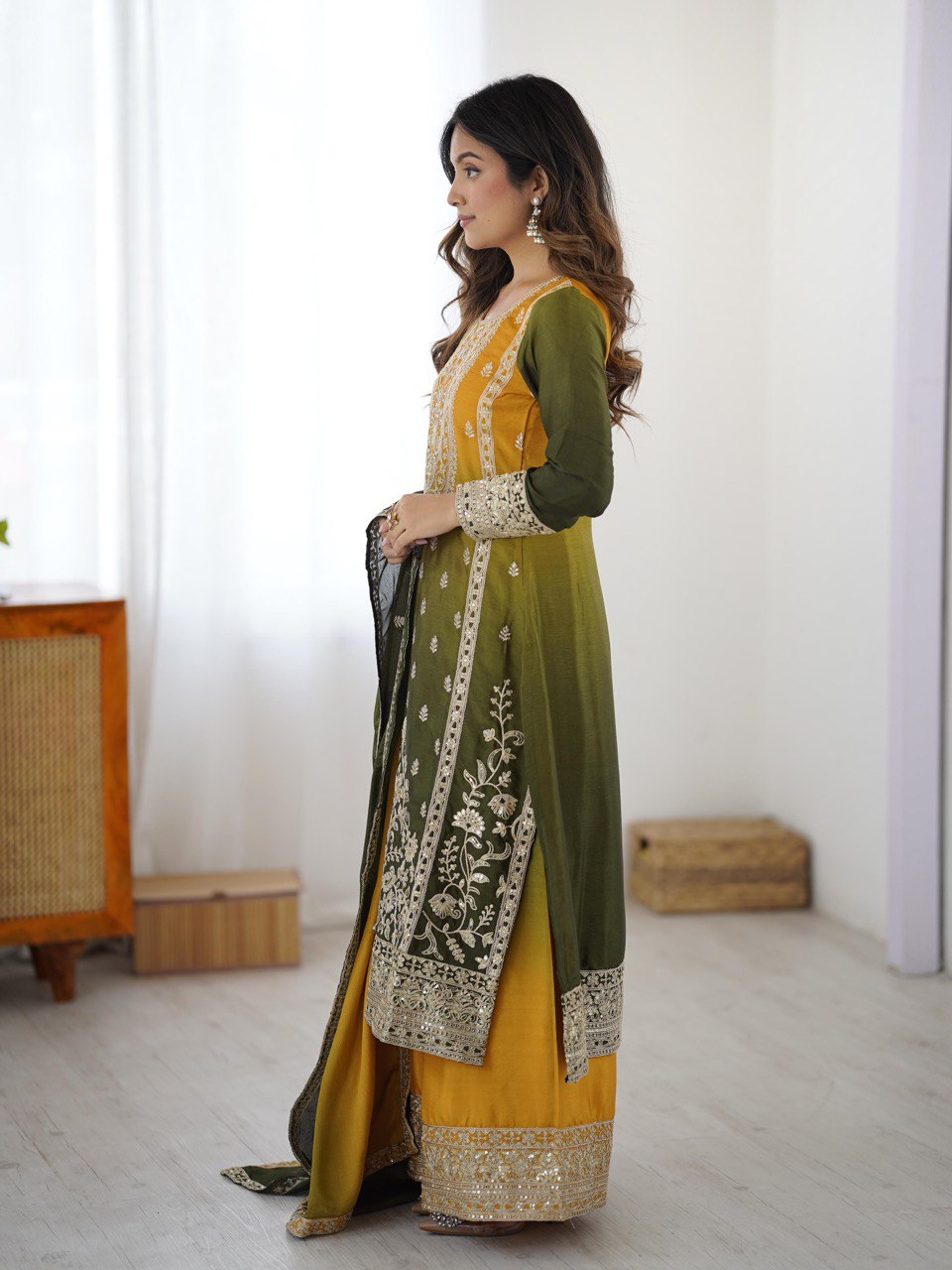 Embroidered Straight Kurta Suit Set with Dupatta – Olive Yellow & Teal Blue (2 Colors)