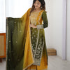 Embroidered Straight Kurta Suit Set with Dupatta – Olive Yellow & Teal Blue (2 Colors)