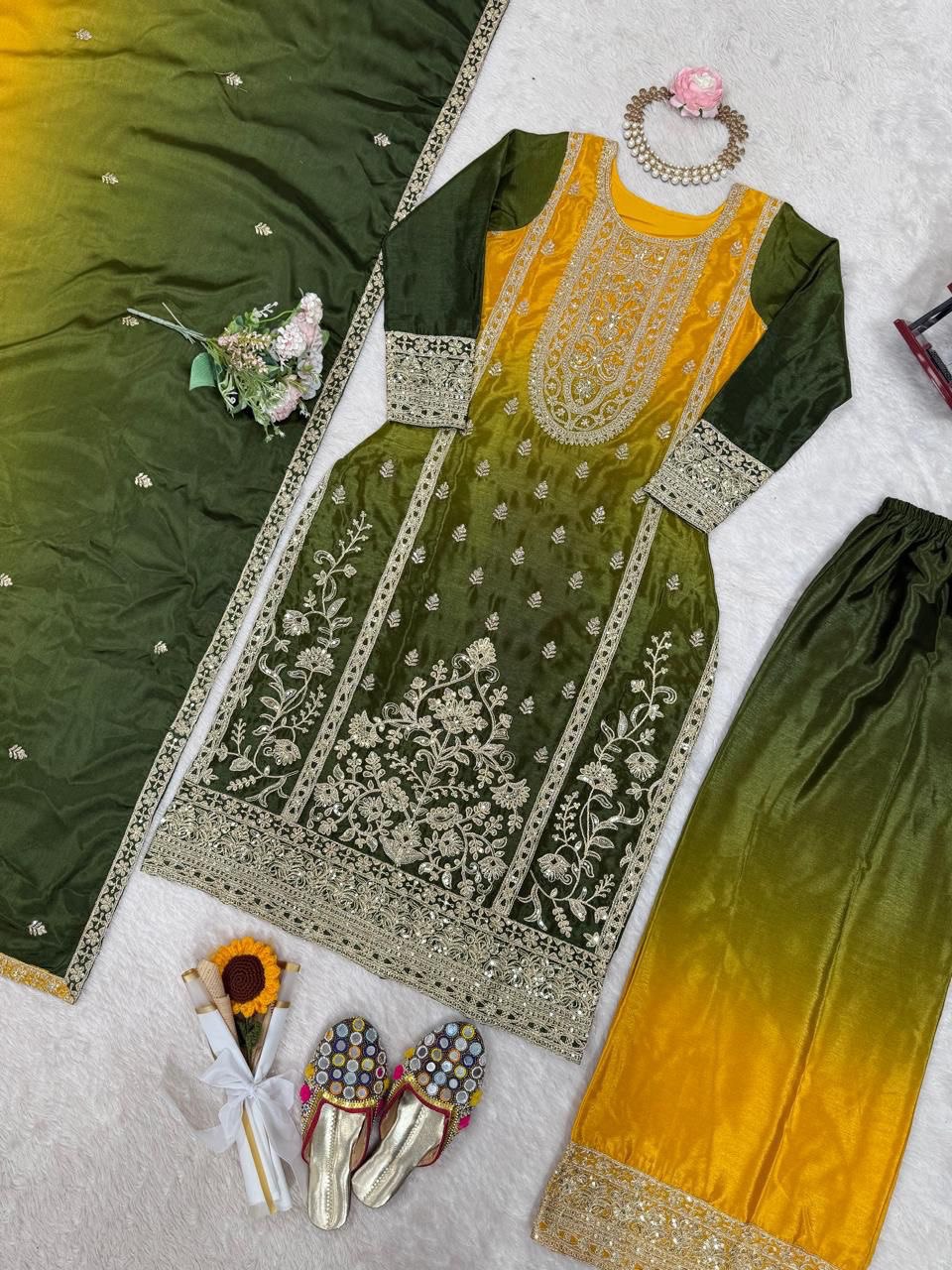 Embroidered Straight Kurta Suit Set with Dupatta – Olive Yellow & Teal Blue (2 Colors)