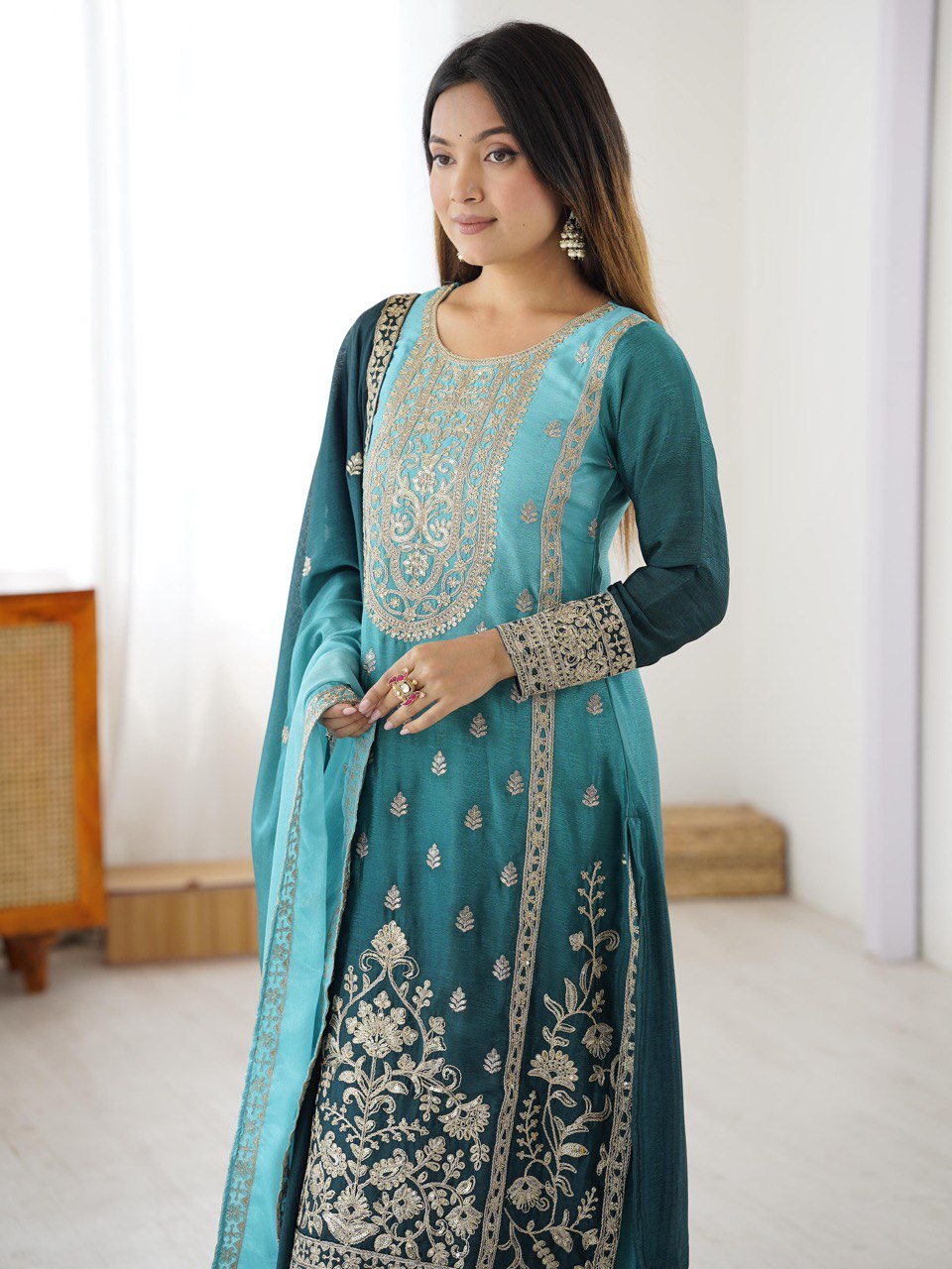 Embroidered Straight Kurta Suit Set with Dupatta – Olive Yellow & Teal Blue (2 Colors)