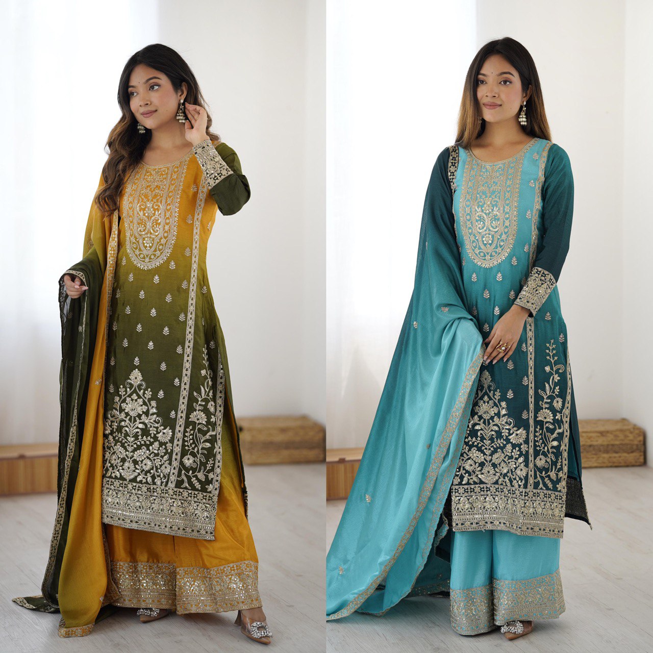 Embroidered Straight Kurta Suit Set with Dupatta – Olive Yellow & Teal Blue (2 Colors)