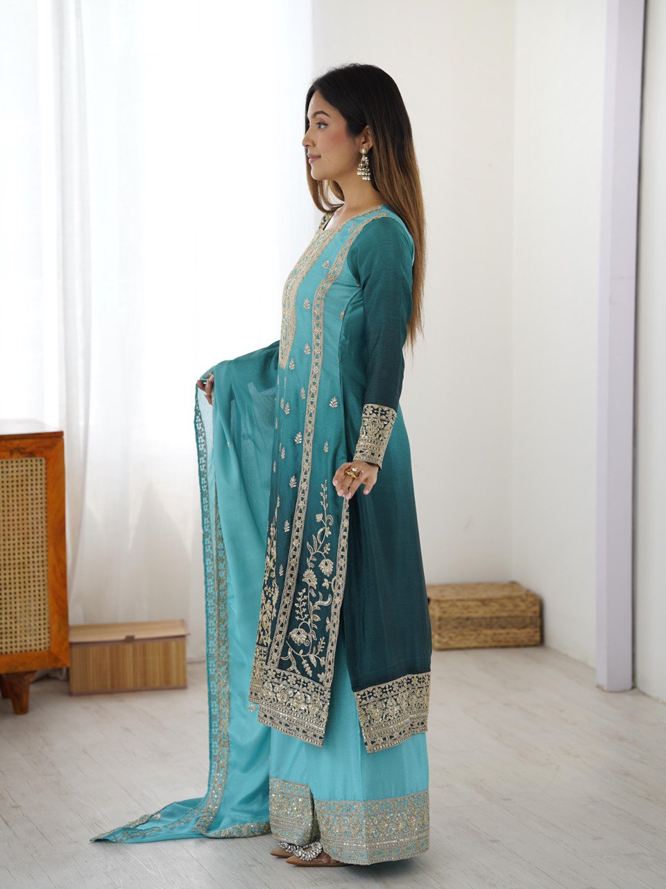 Embroidered Straight Kurta Suit Set with Dupatta – Olive Yellow & Teal Blue (2 Colors)