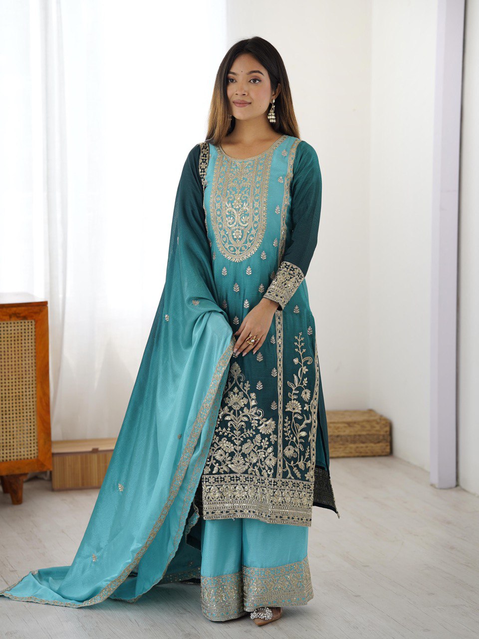 Embroidered Straight Kurta Suit Set with Dupatta – Olive Yellow & Teal Blue (2 Colors)