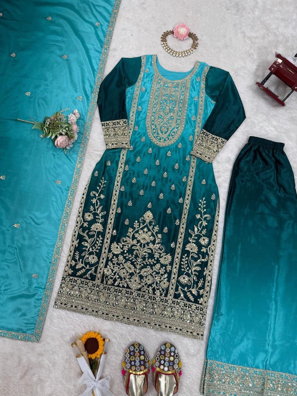 Embroidered Straight Kurta Suit Set with Dupatta – Olive Yellow & Teal Blue (2 Colors)
