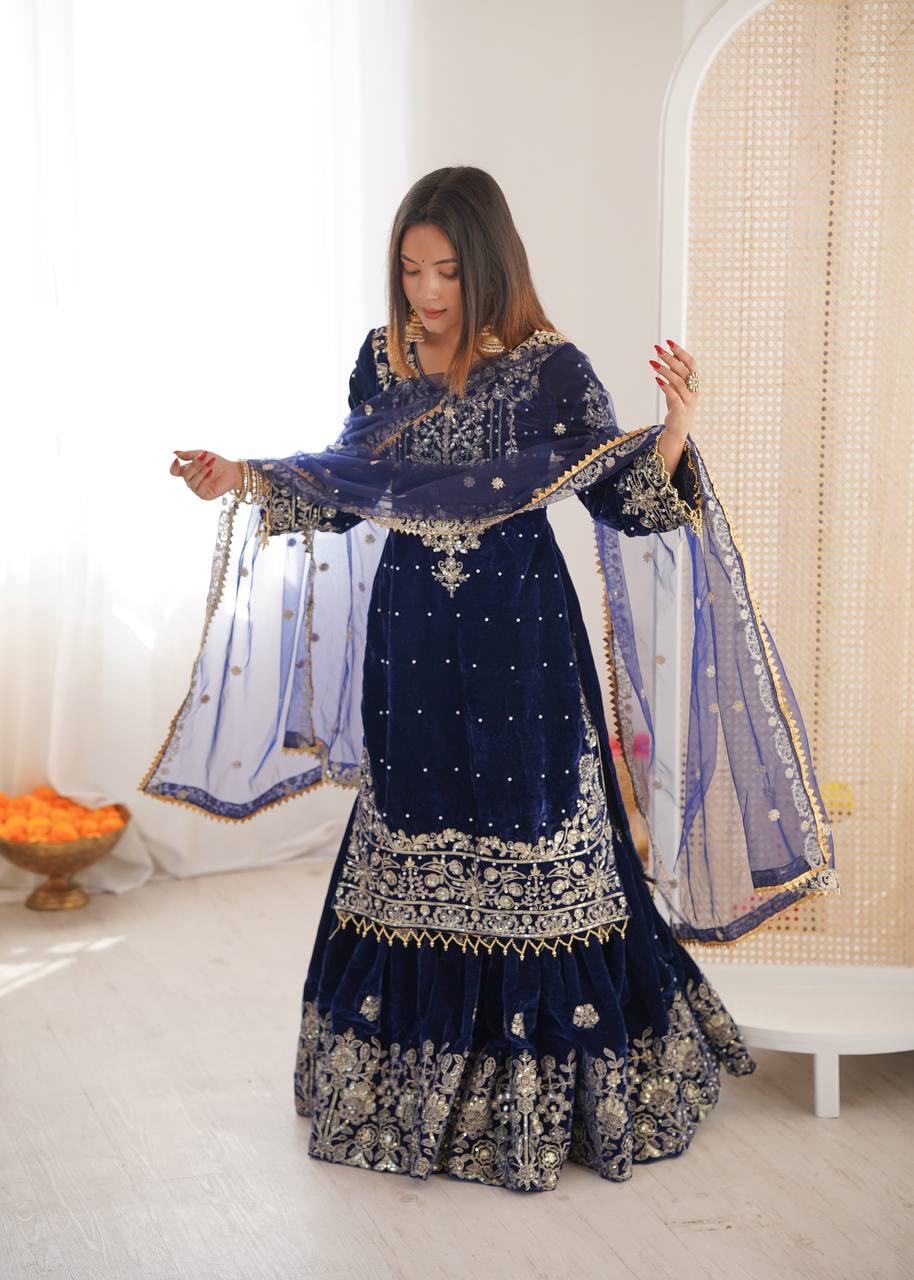Heavy Velvet Embroidered Lehenga Suit Set with Dupatta – 4 Color Options