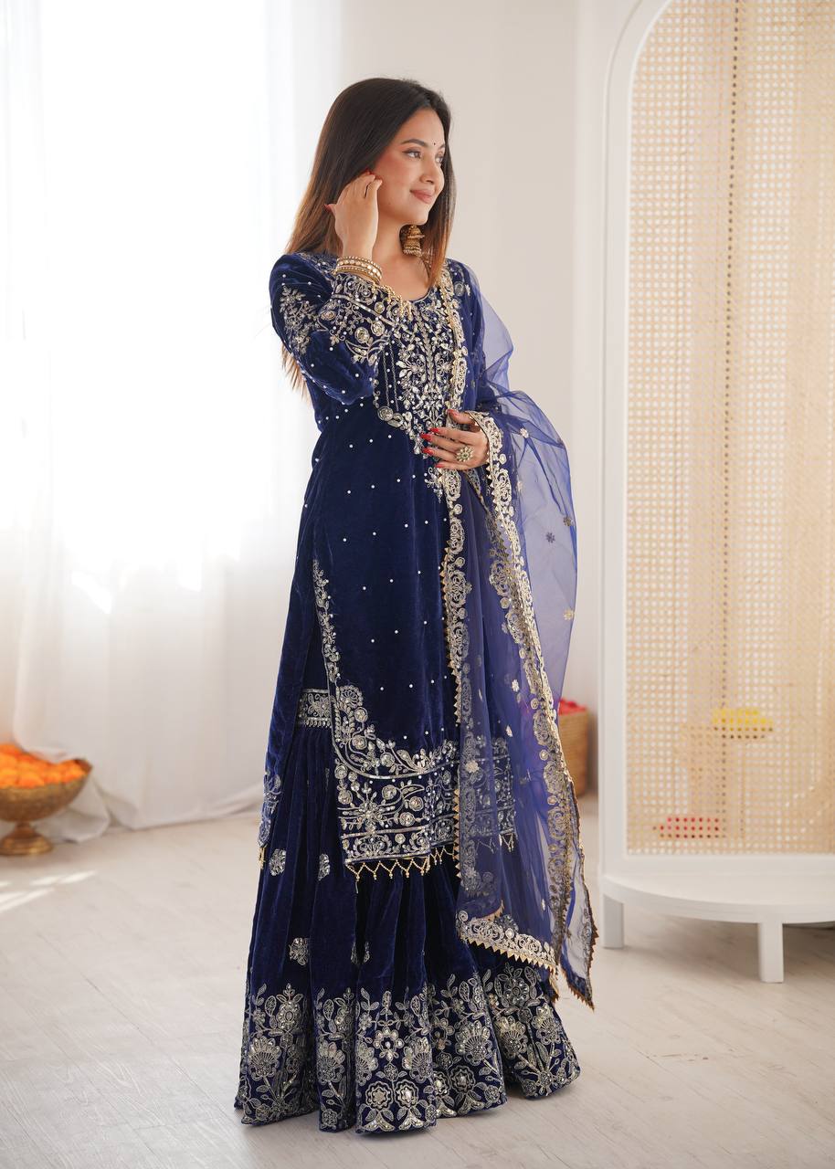 Heavy Velvet Embroidered Lehenga Suit Set with Dupatta – 4 Color Options
