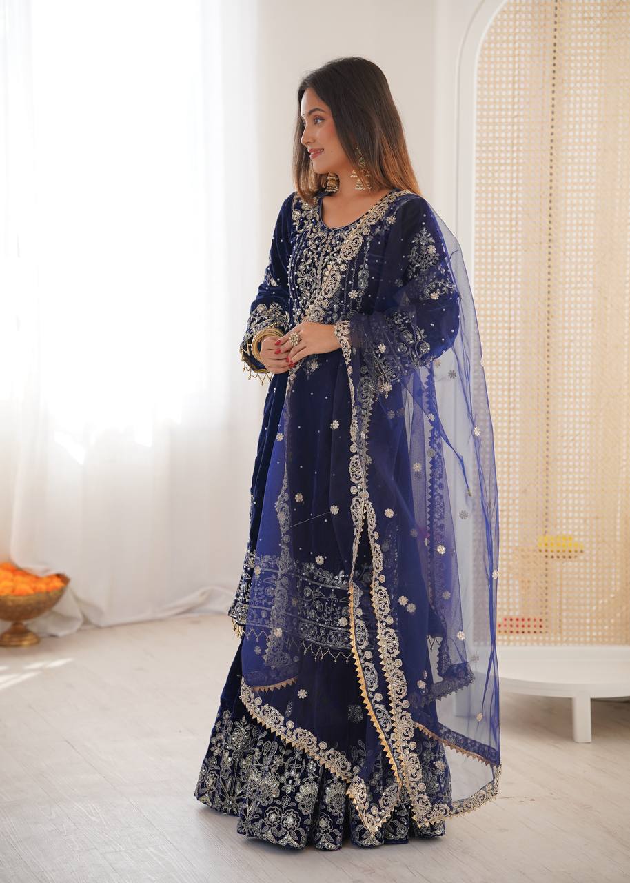 Heavy Velvet Embroidered Lehenga Suit Set with Dupatta – 4 Color Options