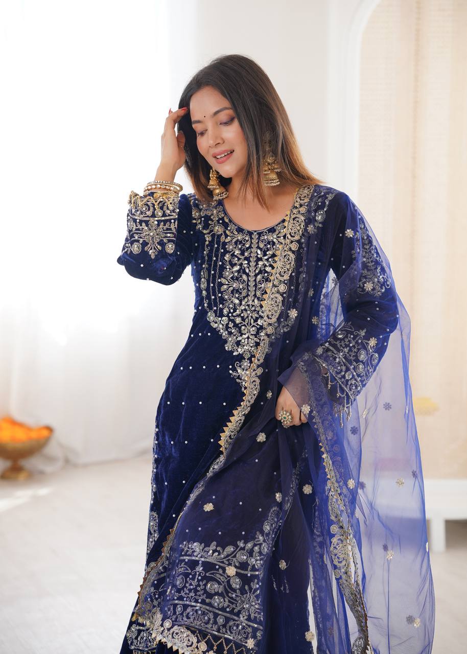 Heavy Velvet Embroidered Lehenga Suit Set with Dupatta – 4 Color Options