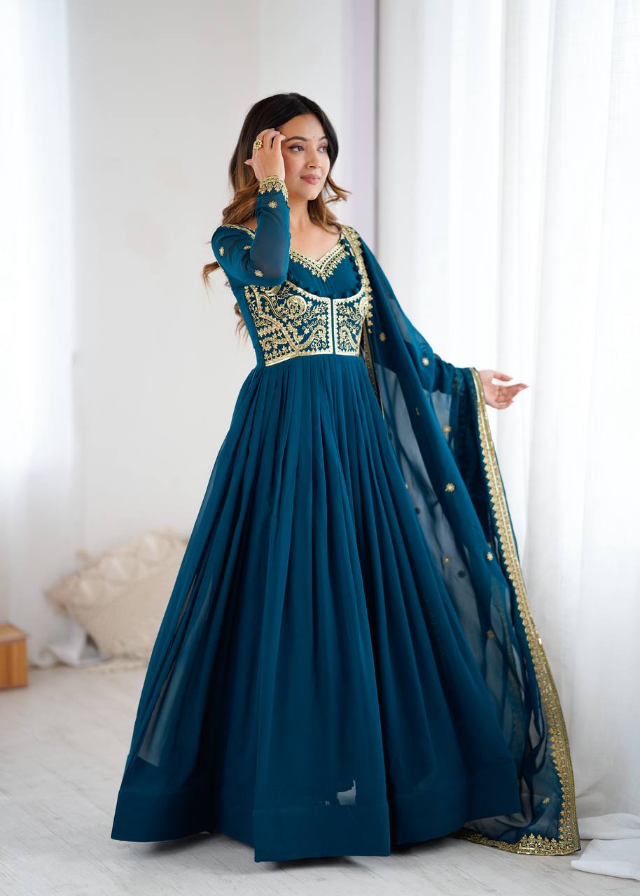 Embroidered Anarkali Suit Set with Dupatta & Bottom – Teal Blue & Wine (2 Colors)