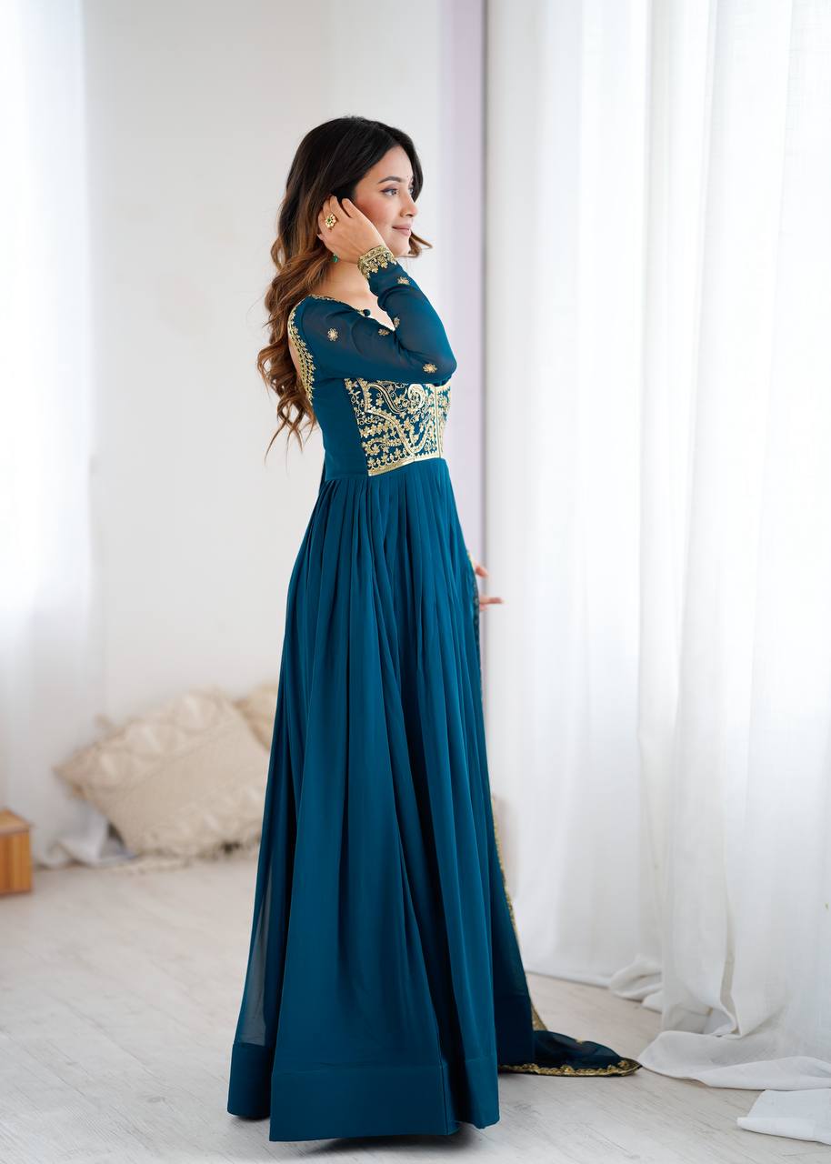 Embroidered Anarkali Suit Set with Dupatta & Bottom – Teal Blue & Wine (2 Colors)