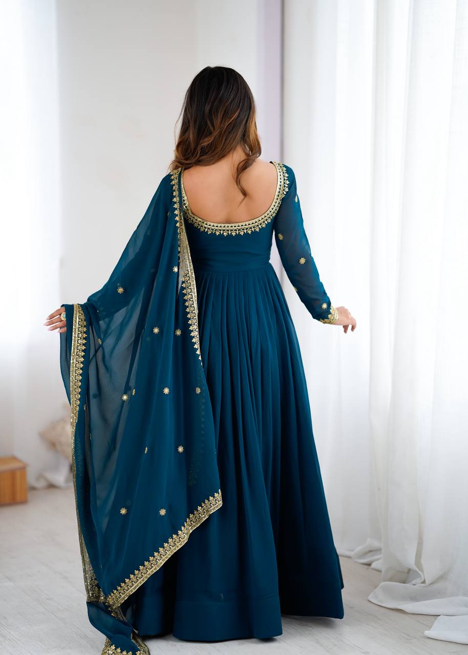 Embroidered Anarkali Suit Set with Dupatta & Bottom – Teal Blue & Wine (2 Colors)