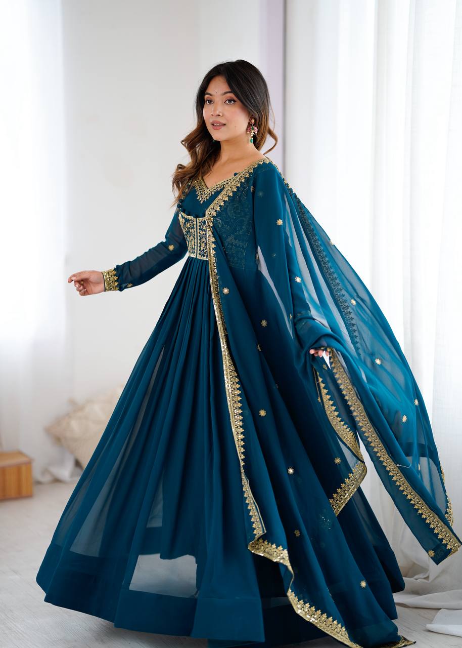 Embroidered Anarkali Suit Set with Dupatta & Bottom – Teal Blue & Wine (2 Colors)