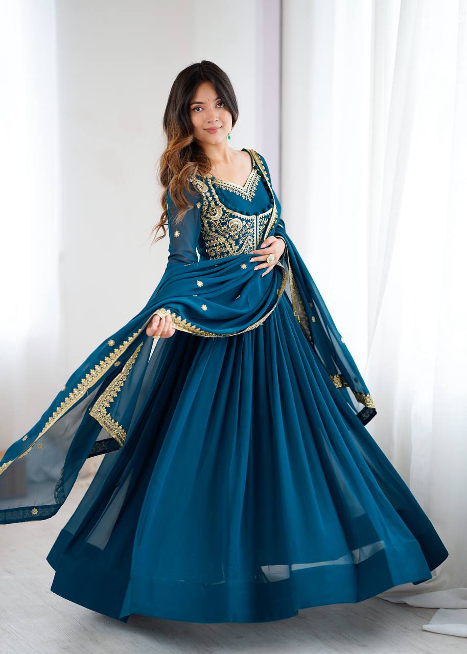 Embroidered Anarkali Suit Set with Dupatta & Bottom – Teal Blue & Wine (2 Colors)