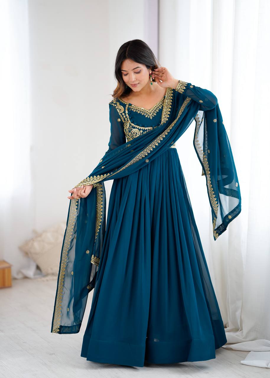 Embroidered Anarkali Suit Set with Dupatta & Bottom – Teal Blue & Wine (2 Colors)