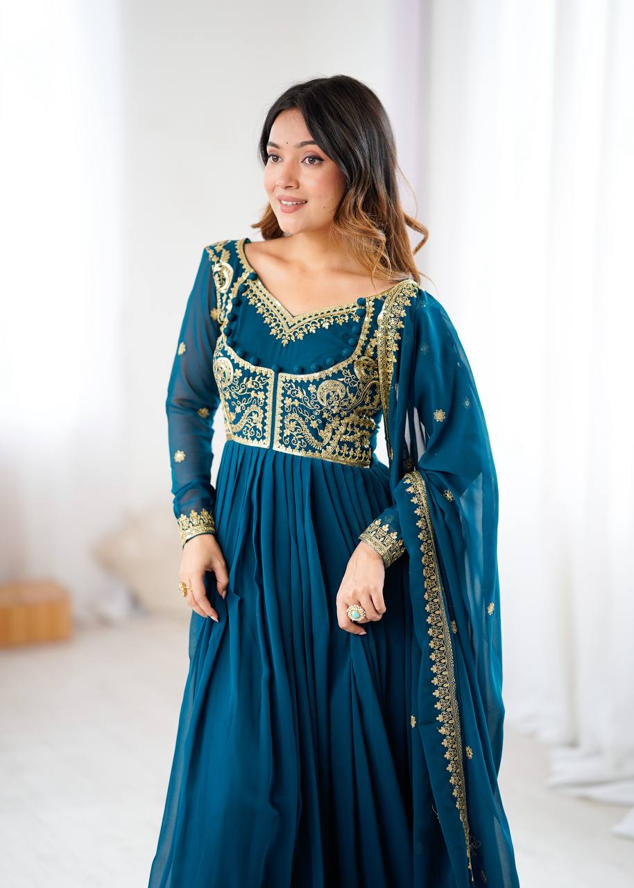 Embroidered Anarkali Suit Set with Dupatta & Bottom – Teal Blue & Wine (2 Colors)