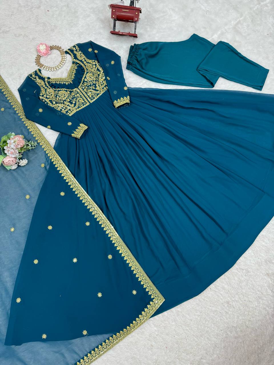 Embroidered Anarkali Suit Set with Dupatta & Bottom – Teal Blue & Wine (2 Colors)