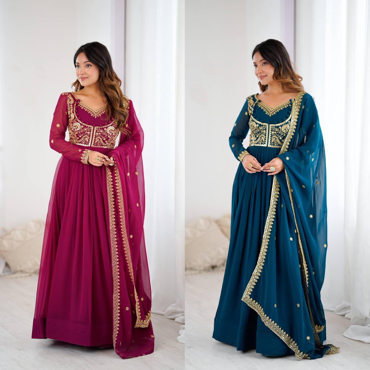 Embroidered Anarkali Suit Set with Dupatta & Bottom – Teal Blue & Wine (2 Colors)