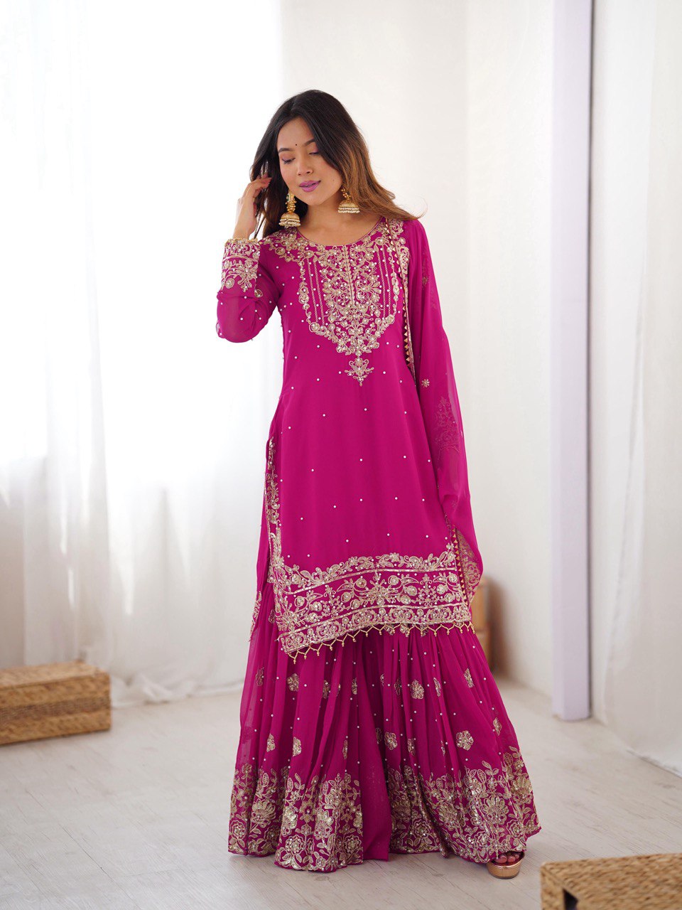 Designer Heavy Embroidered Kurta Sharara Suit Set with Dupatta | 10 Color Options