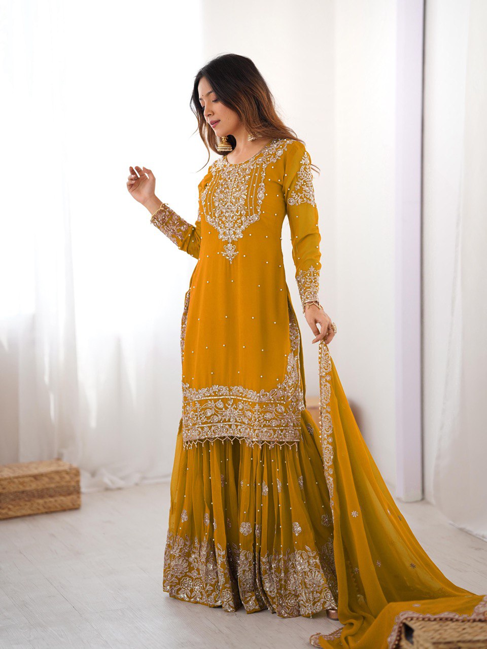 Designer Heavy Embroidered Kurta Sharara Suit Set with Dupatta | 10 Color Options