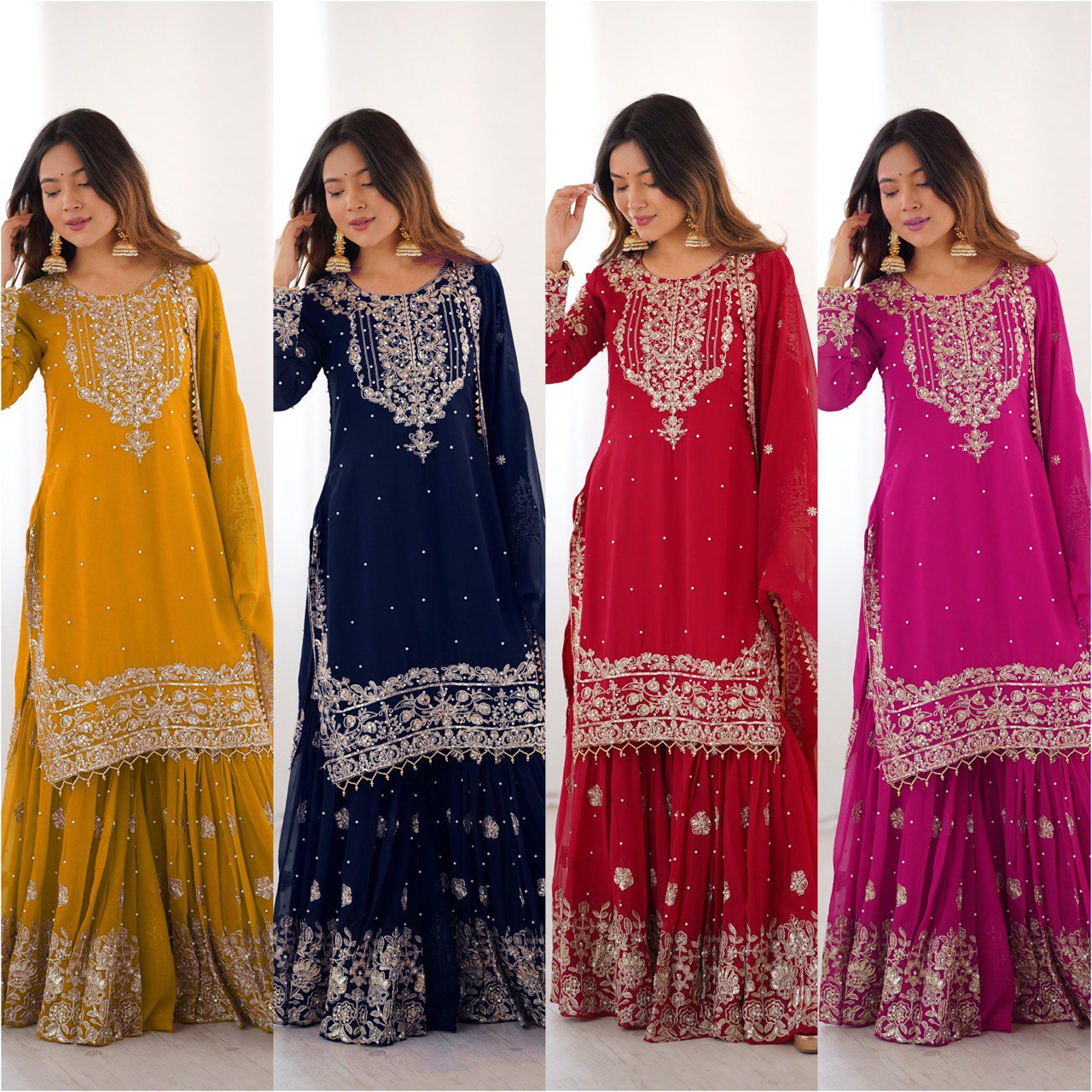 Designer Heavy Embroidered Kurta Sharara Suit Set with Dupatta | 10 Color Options