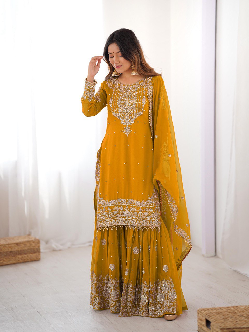 Designer Heavy Embroidered Kurta Sharara Suit Set with Dupatta | 10 Color Options